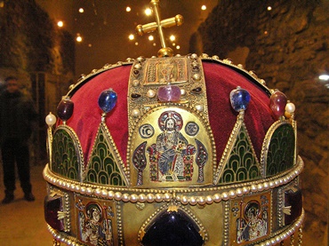 An enlarged copy of the coronation crown used to crown 18 member of the Hapsburg family to make them the kings and queens of the Hungarian Kingdom in Bratislava.