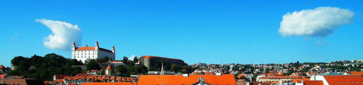 Pohľad na Bratislaský hrad a červené škridlové strechy Starého Mesta v Bratislave.