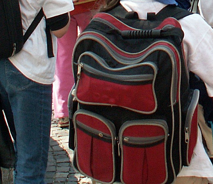 A child’s backpack during a school group tour in Bratislava.